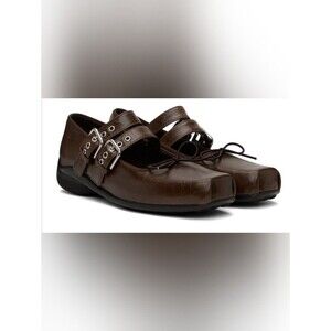 OPEN YY Brown Buckle Ballerina Leather Square Toe Flats Shoes 37 US 7 Mary Jane